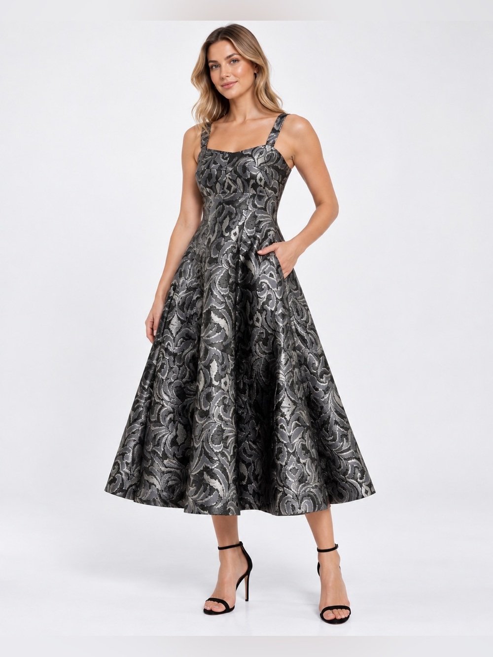 Taylor Women 4 Metallic Fit & Flare Midi Dress Cocktail Party Formal Wedding